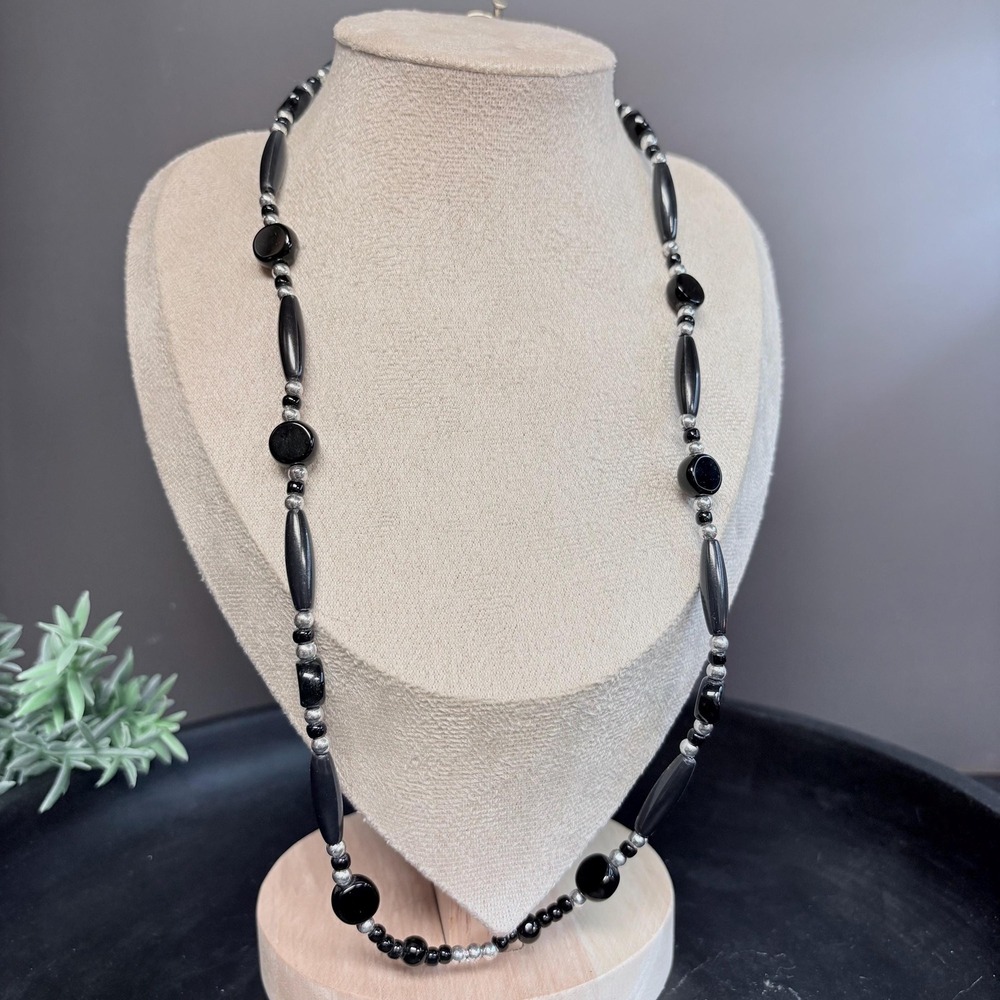 Black & Silver Beaded Necklace 22 In | Toggle | Gothic Minimalist | Witchy - Picture 5 of 6